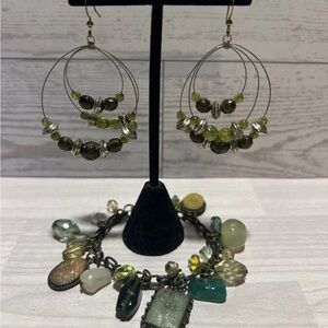 Elegant Green and Silver Hoop Earrings with charm bracelet